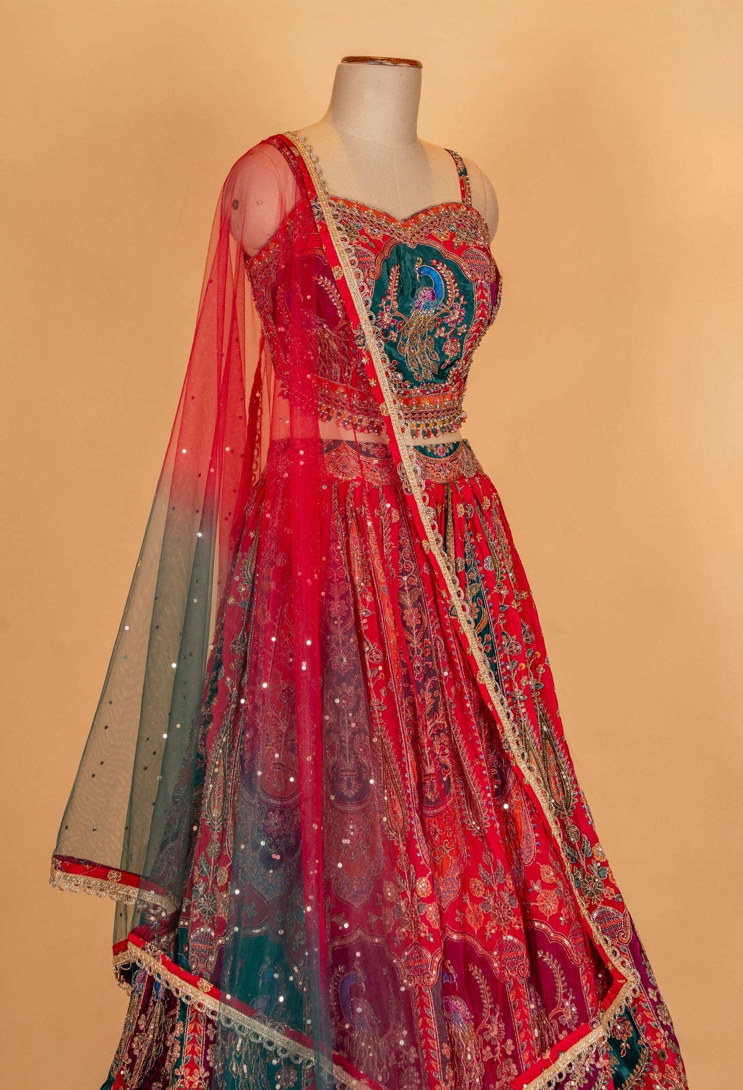 Red & Teal Designer Bridal Lehenga Set with Heavy Embroidery & Net Dupatta