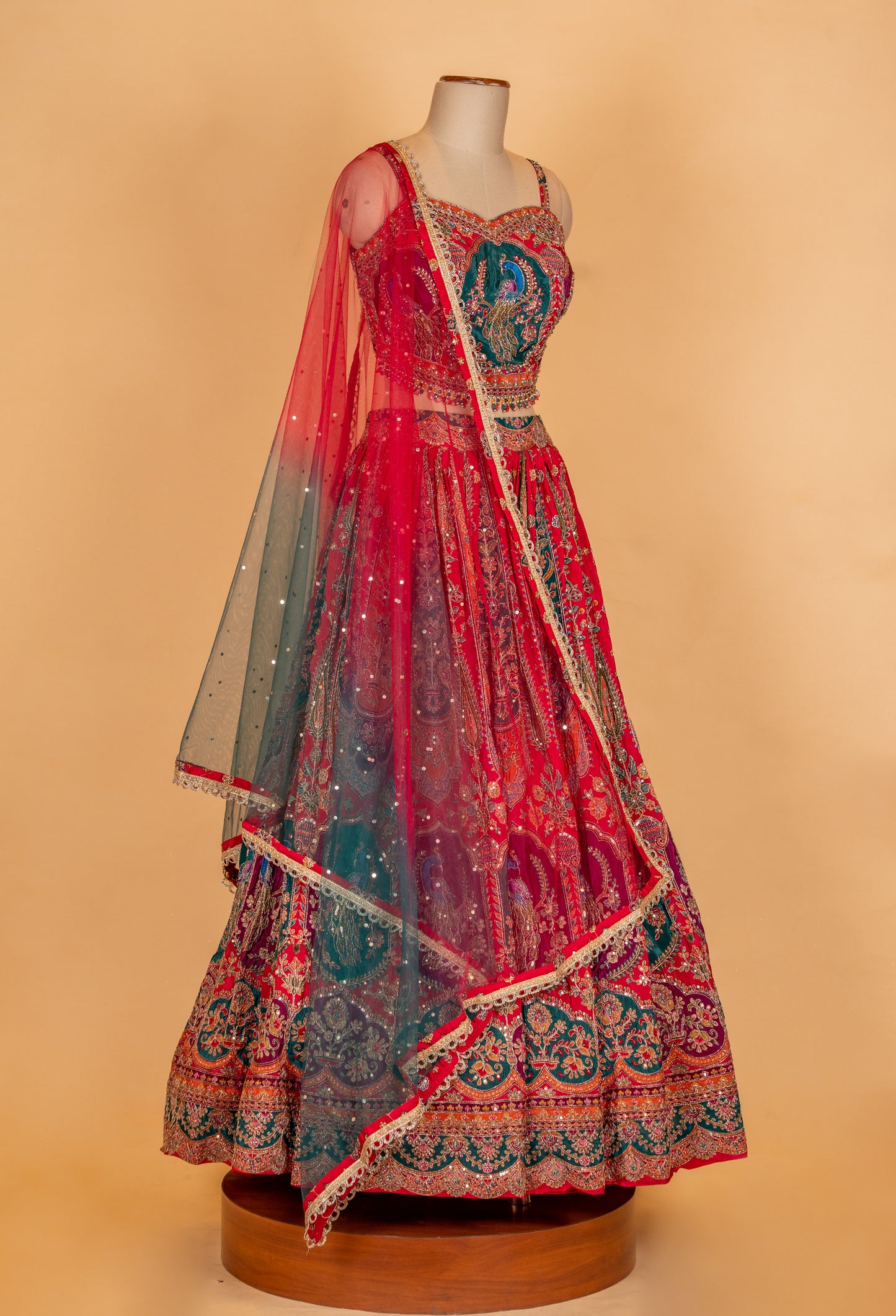Red & Teal Designer Bridal Lehenga Set with Heavy Embroidery & Net Dupatta