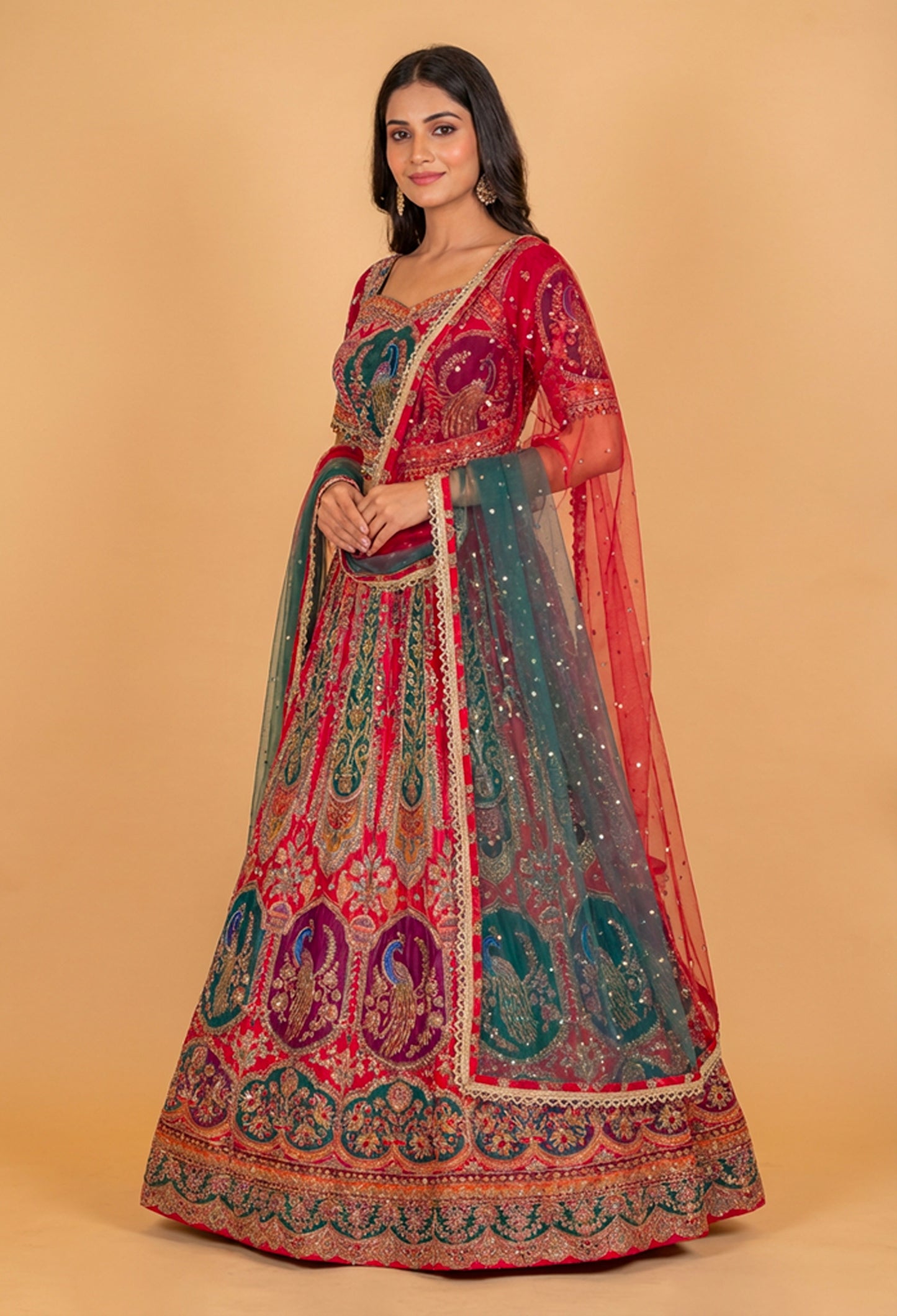 Red & Teal Designer Bridal Lehenga Set with Heavy Embroidery & Net Dupatta