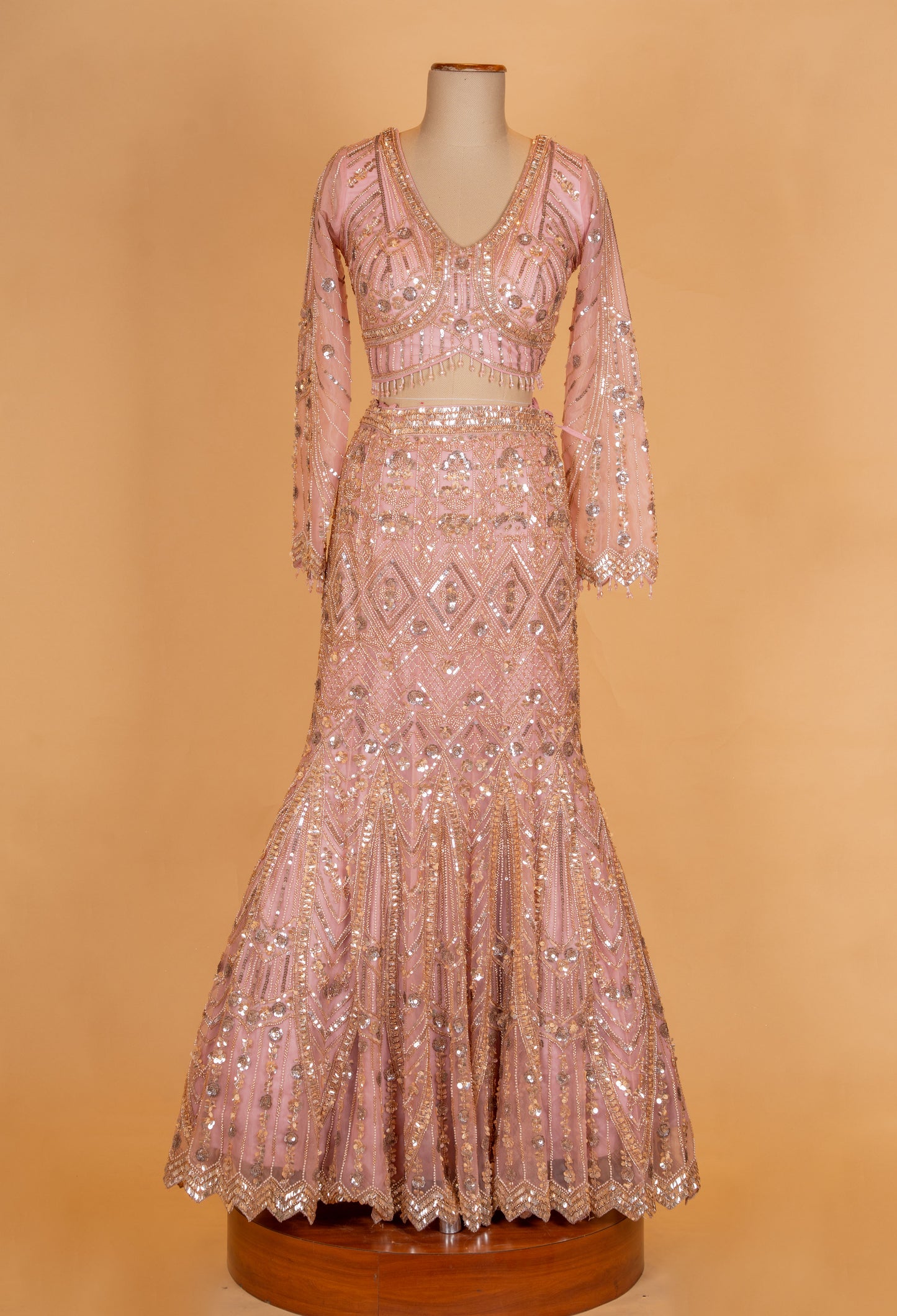 " Blush Pink Sequin Embroidered Designer Lehenga Set with Net Dupatta"