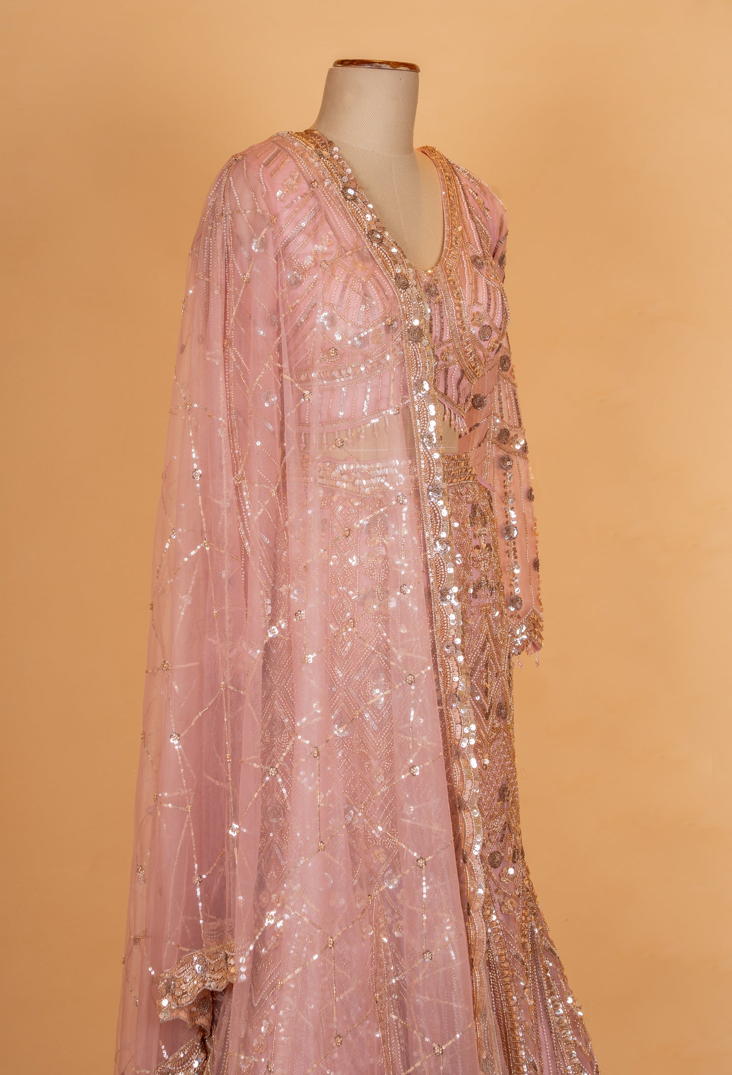 " Blush Pink Sequin Embroidered Designer Lehenga Set with Net Dupatta"