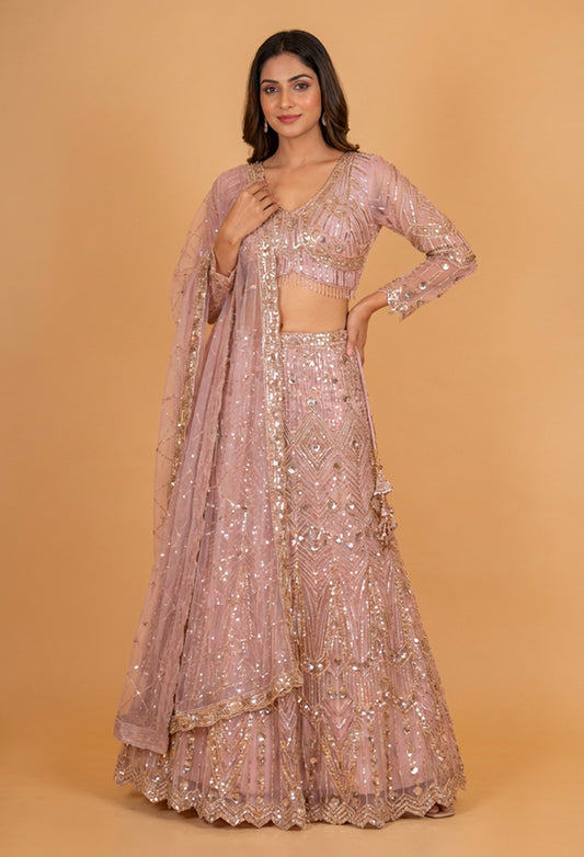 " Blush Pink Sequin Embroidered Designer Lehenga Set with Net Dupatta"