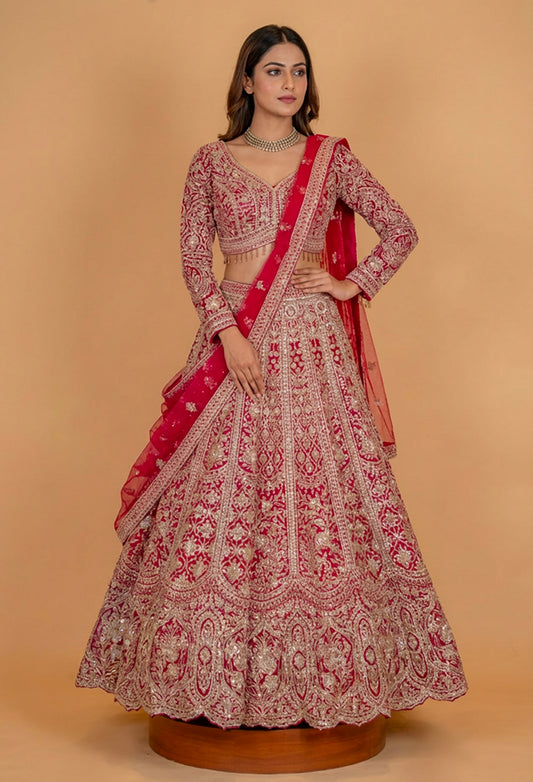 Classic Red & Gold Heavy Embroidered Bridal Lehenga Set with Net Dupatta