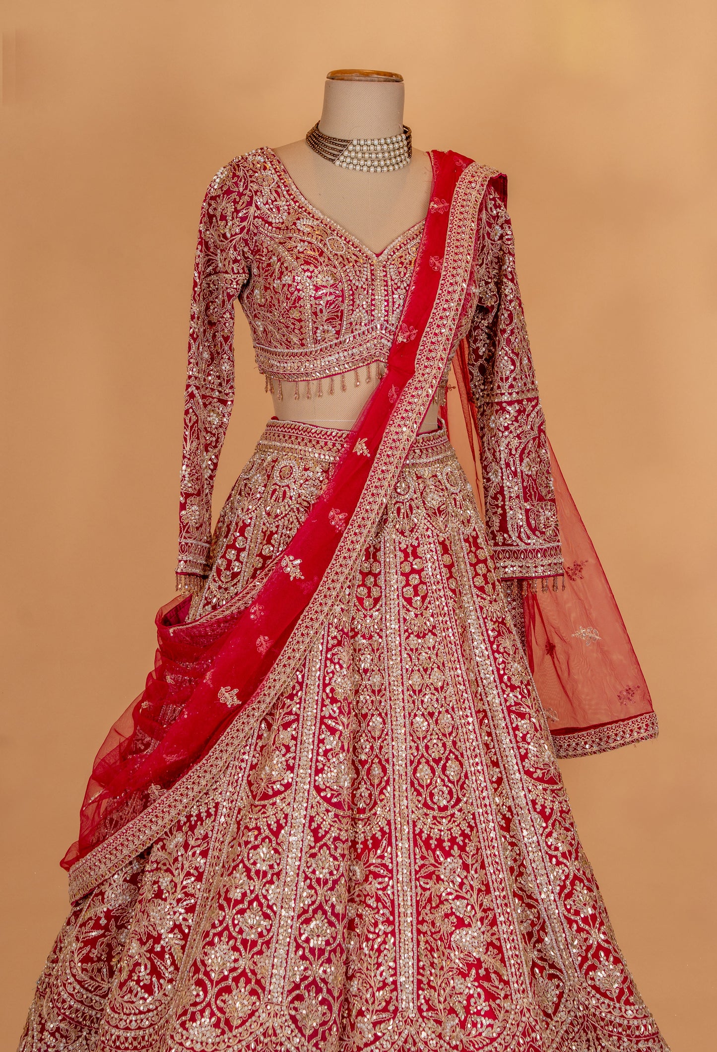Classic Red & Gold Heavy Embroidered Bridal Lehenga Set with Net Dupatta