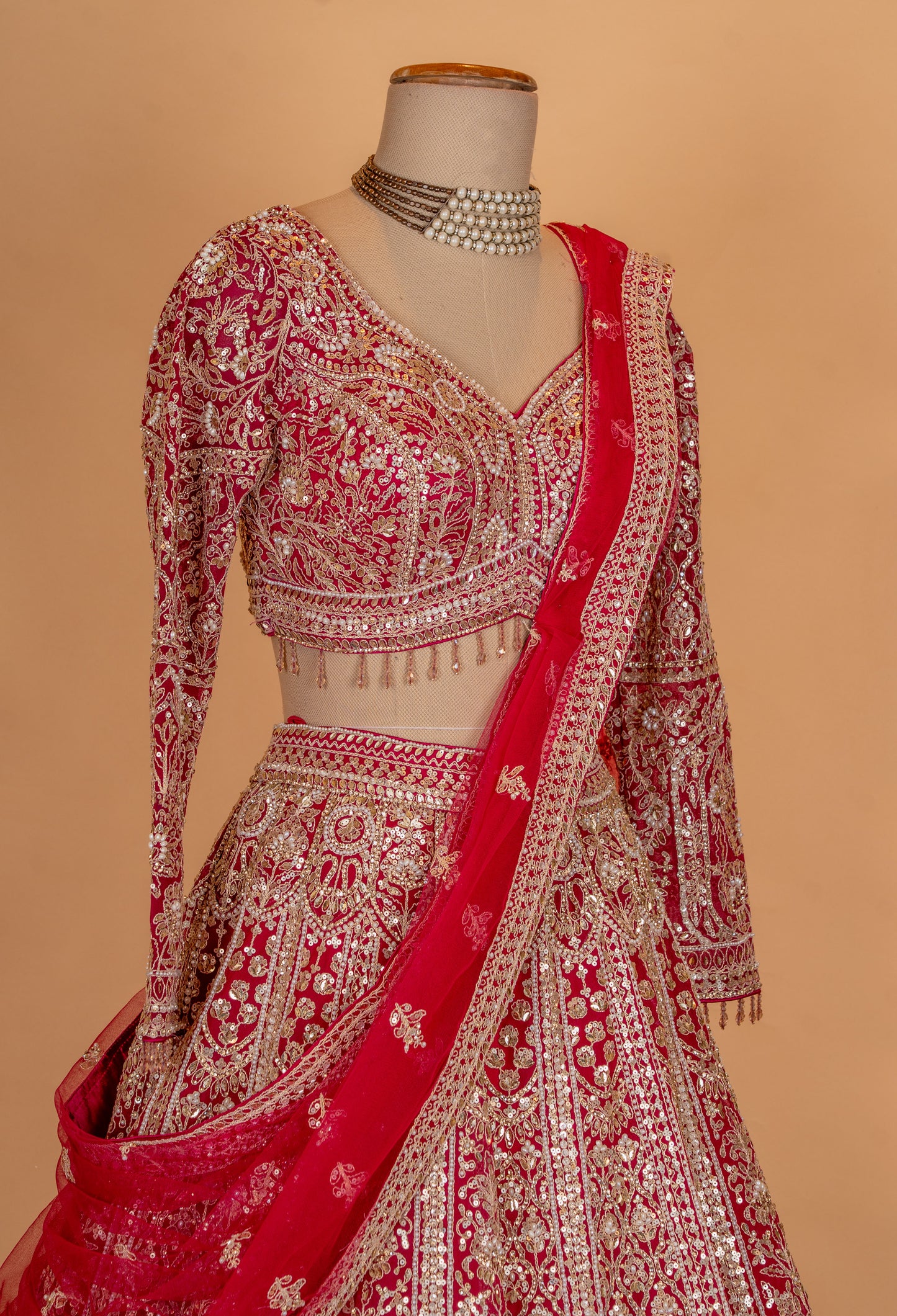 Classic Red & Gold Heavy Embroidered Bridal Lehenga Set with Net Dupatta