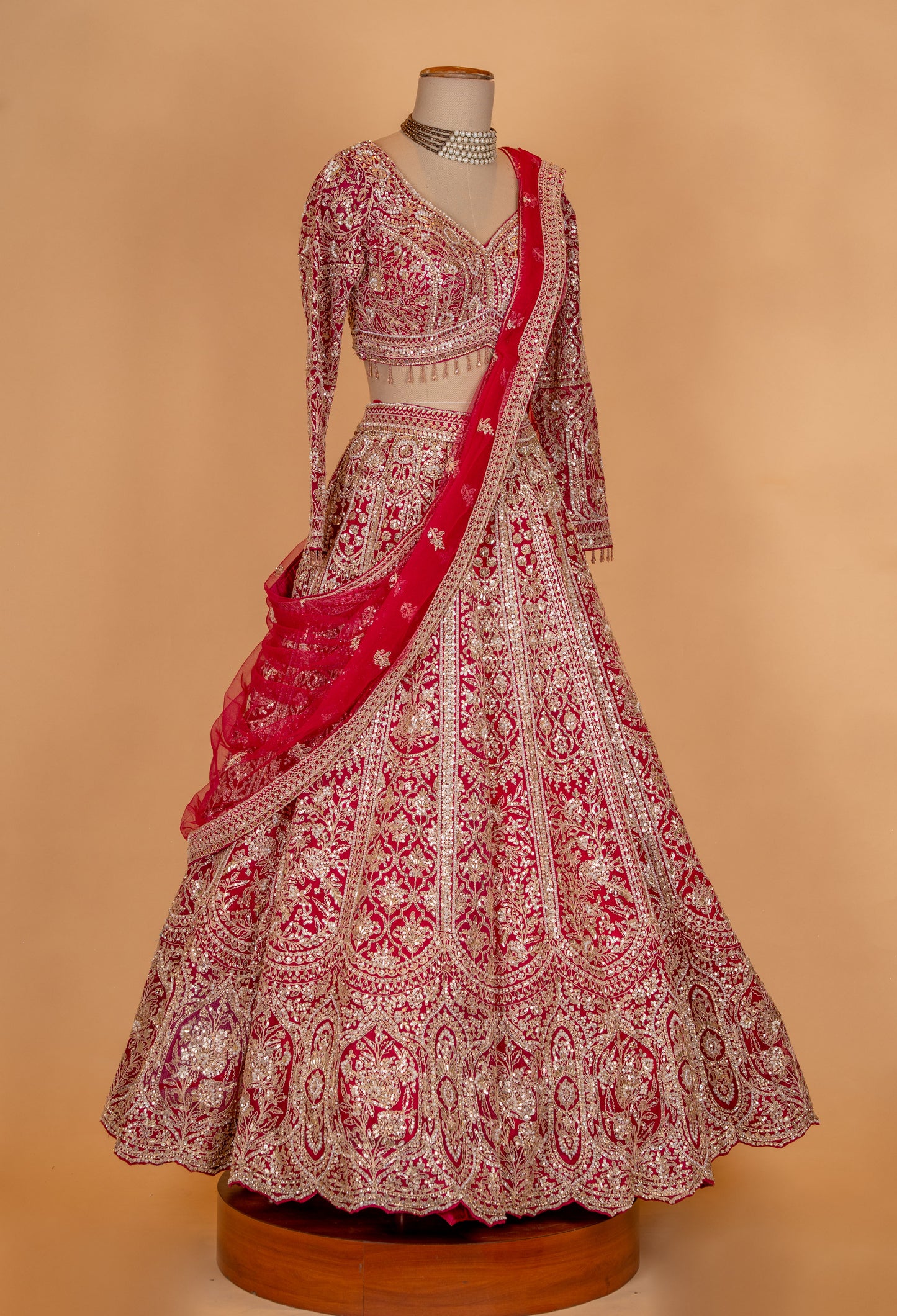 Classic Red & Gold Heavy Embroidered Bridal Lehenga Set with Net Dupatta