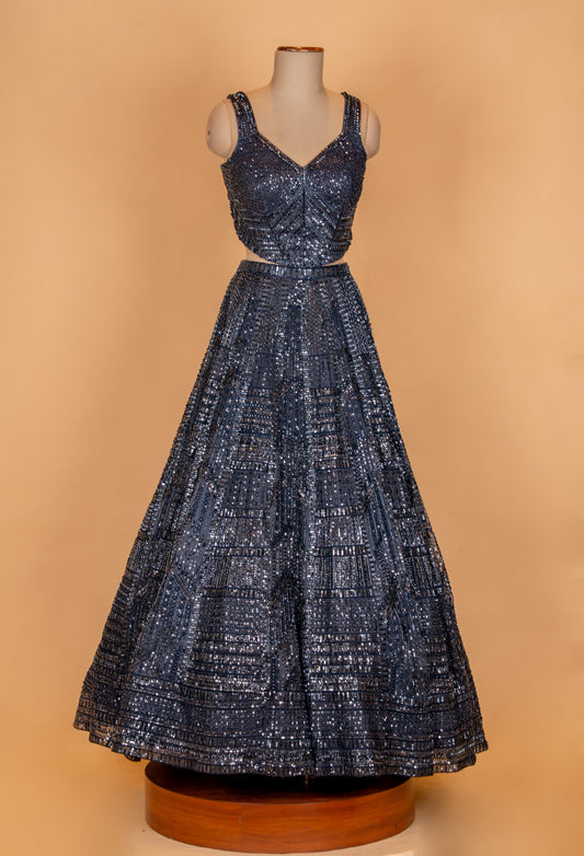 Charcoal grey embellished lehenga with sleeveless sequin blouse and dupatta