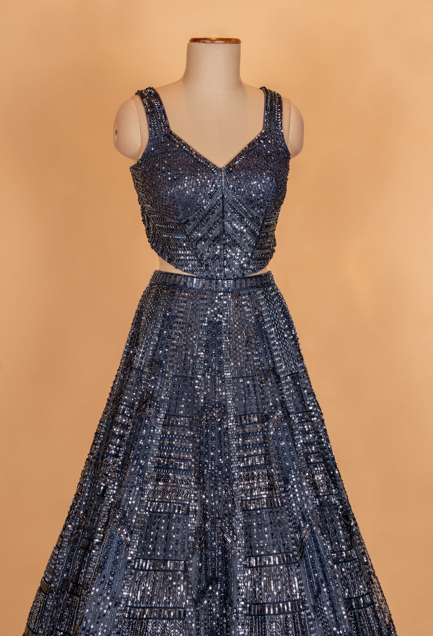 Charcoal Grey Sequin Designer Lehenga Set with Net Dupatta