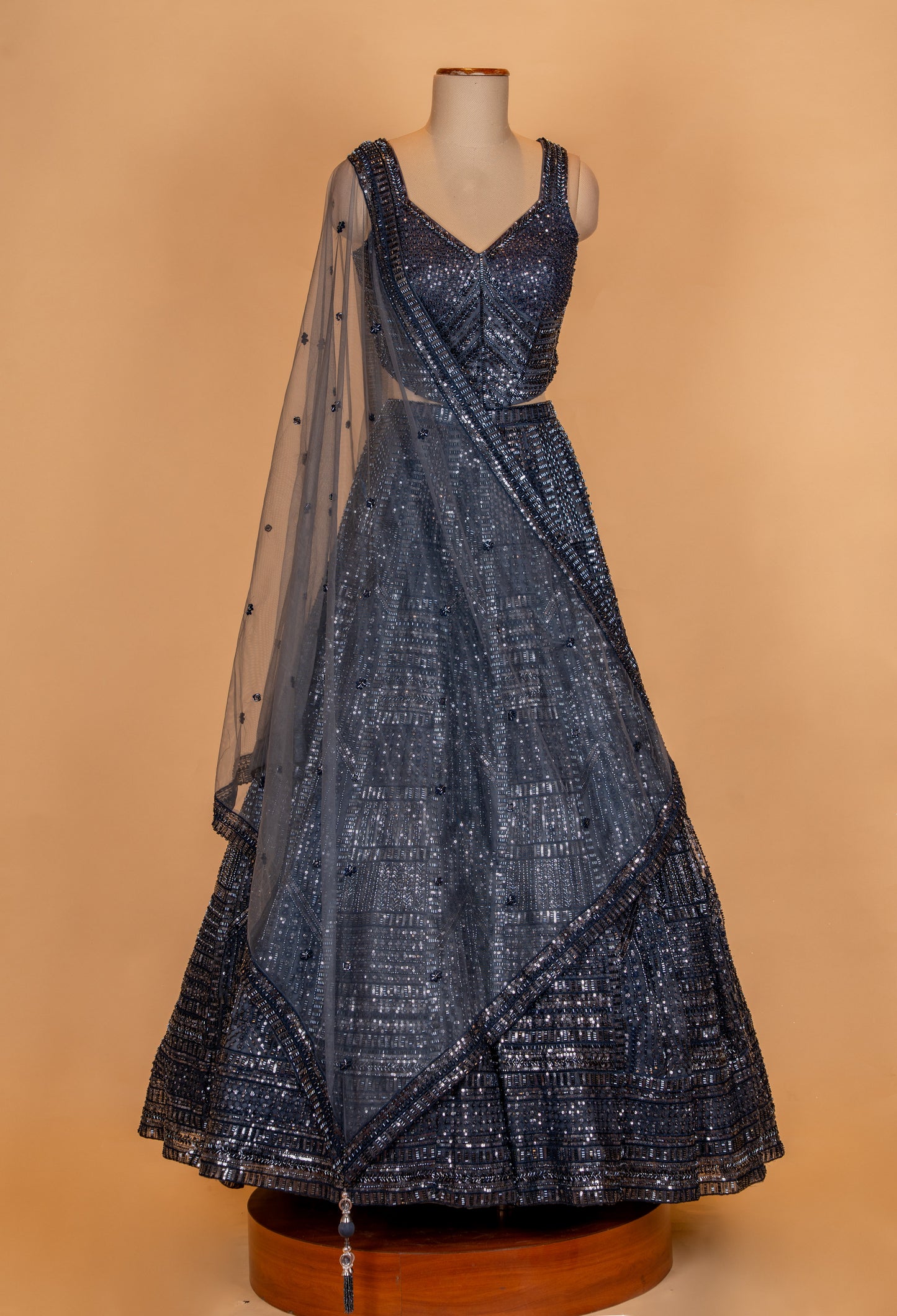 Charcoal Grey Sequin Designer Lehenga Set with Net Dupatta