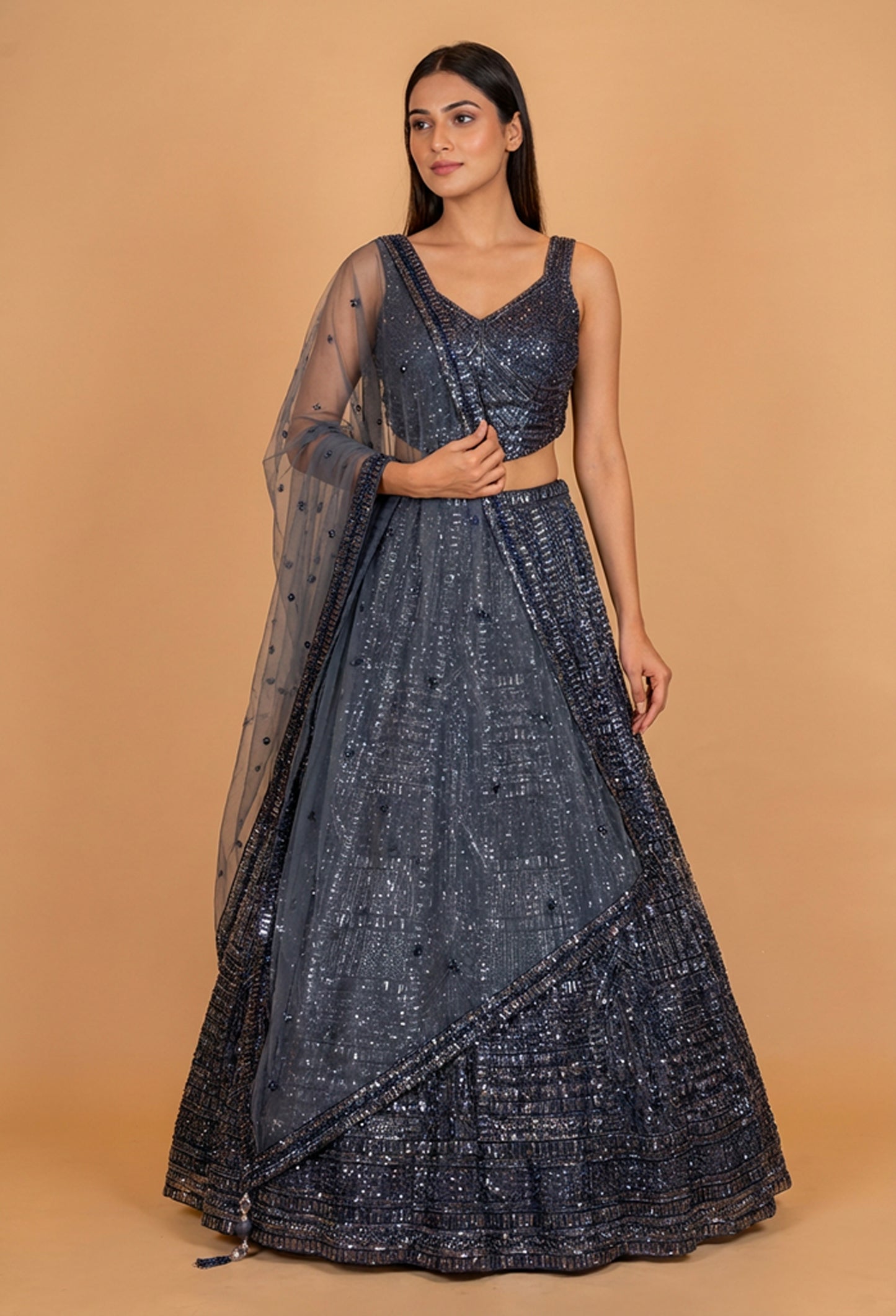 Charcoal Grey Sequin Designer Lehenga Set with Net Dupatta
