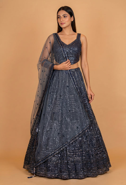 Charcoal Grey Sequin Designer Lehenga Set with Net Dupatta
