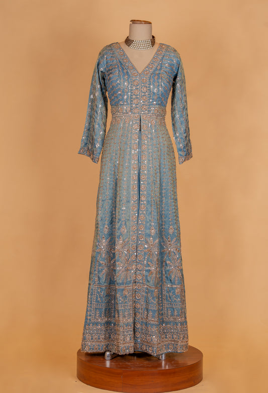 Dusty blue embroidered Anarkali suit - view 2