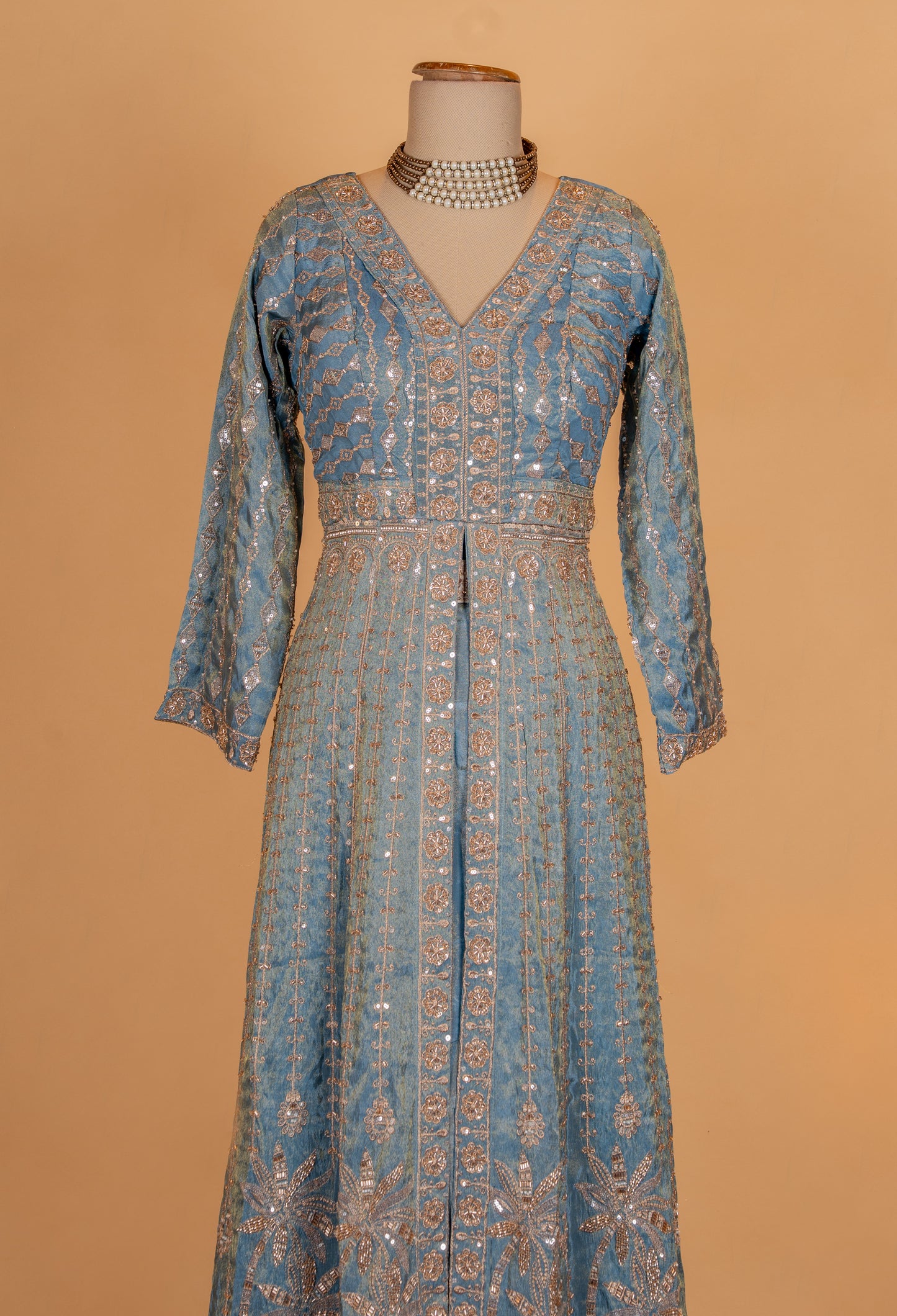 Dusty Blue Embroidered Anarkali Suit Set with Sequin Work & Dupatta