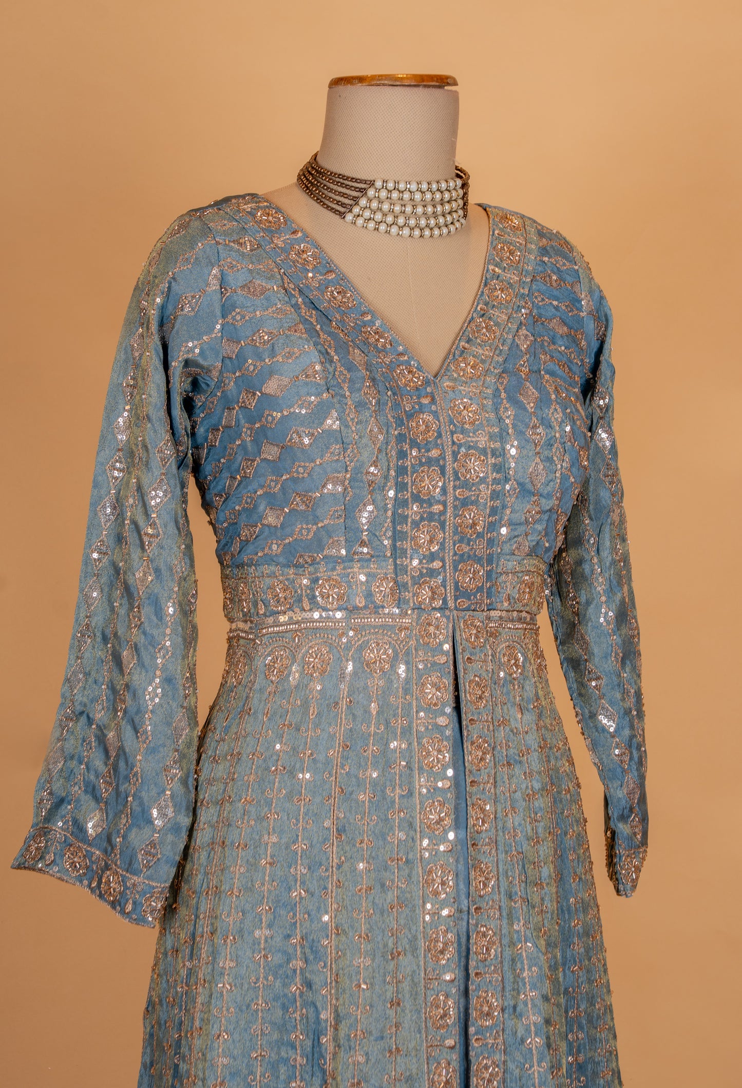 Dusty Blue Embroidered Anarkali Suit Set with Sequin Work & Dupatta