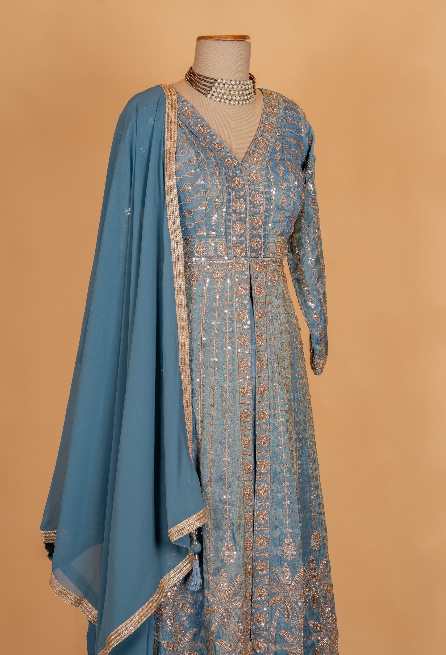 Dusty Blue Embroidered Anarkali Suit Set with Sequin Work & Dupatta