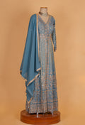 Dusty Blue Embroidered Anarkali Suit Set with Sequin Work & Dupatta