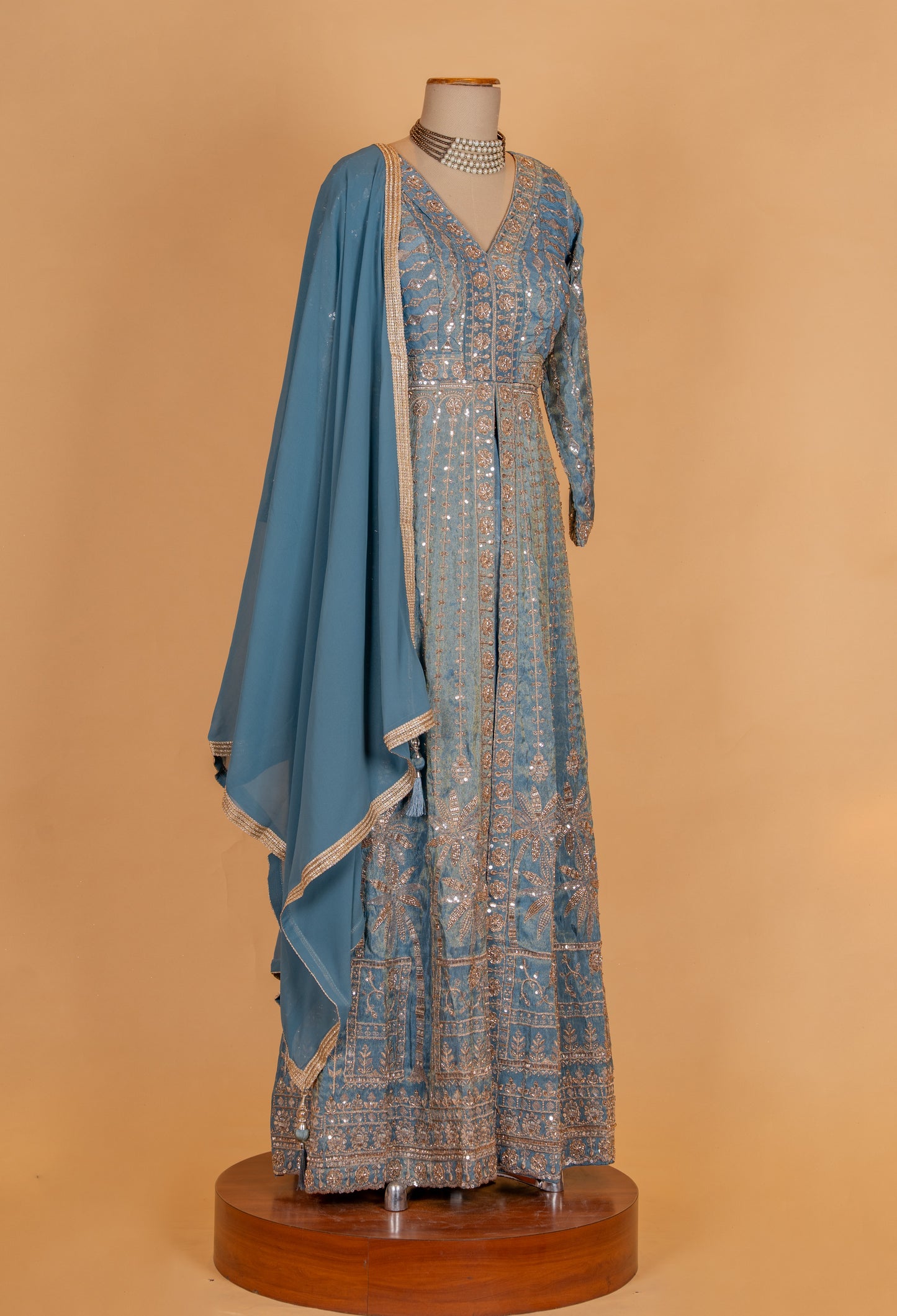 Dusty Blue Embroidered Anarkali Suit Set with Sequin Work & Dupatta