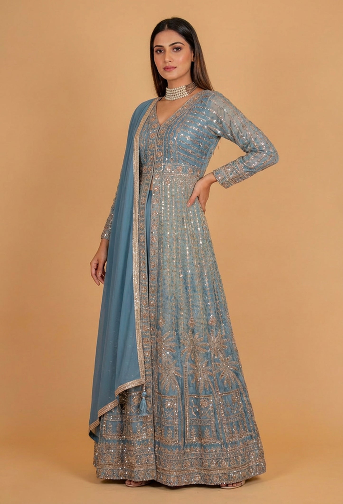 Dusty Blue Embroidered Anarkali Suit Set with Sequin Work & Dupatta