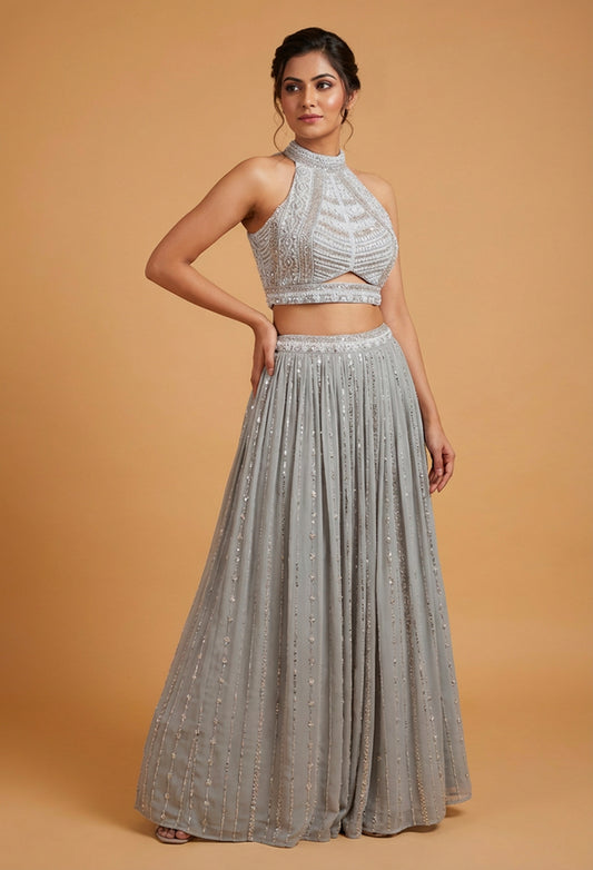 "Silver Grey Minimal Sequin Designer Lehenga Set with Halter Neck Blouse "