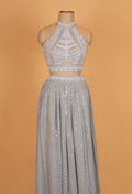 "Silver Grey Minimal Sequin Designer Lehenga Set with Halter Neck Blouse "