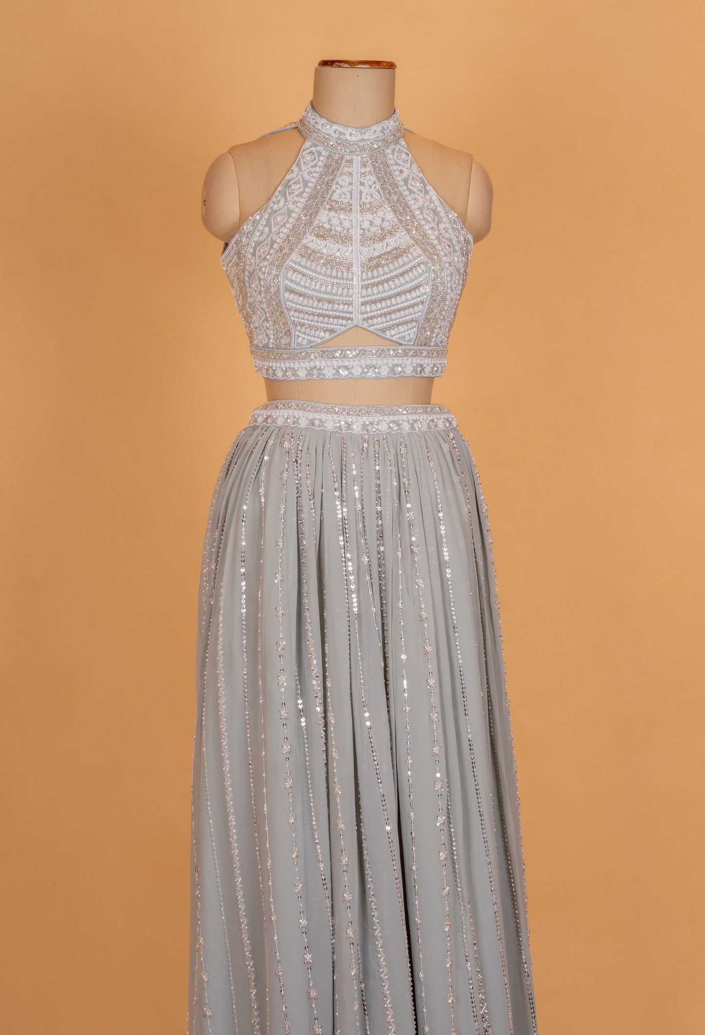 "Silver Grey Minimal Sequin Designer Lehenga Set with Halter Neck Blouse "