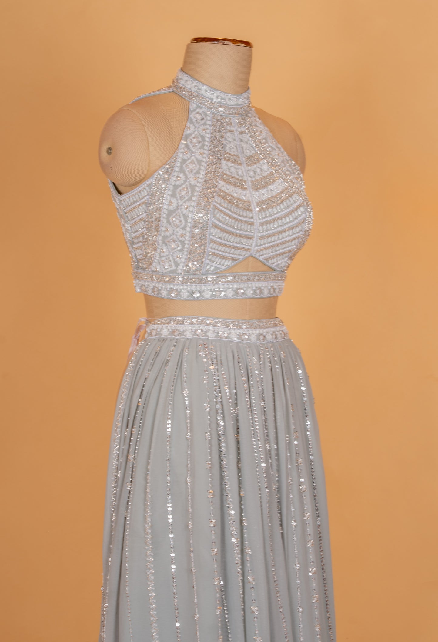 "Silver Grey Minimal Sequin Designer Lehenga Set with Halter Neck Blouse "
