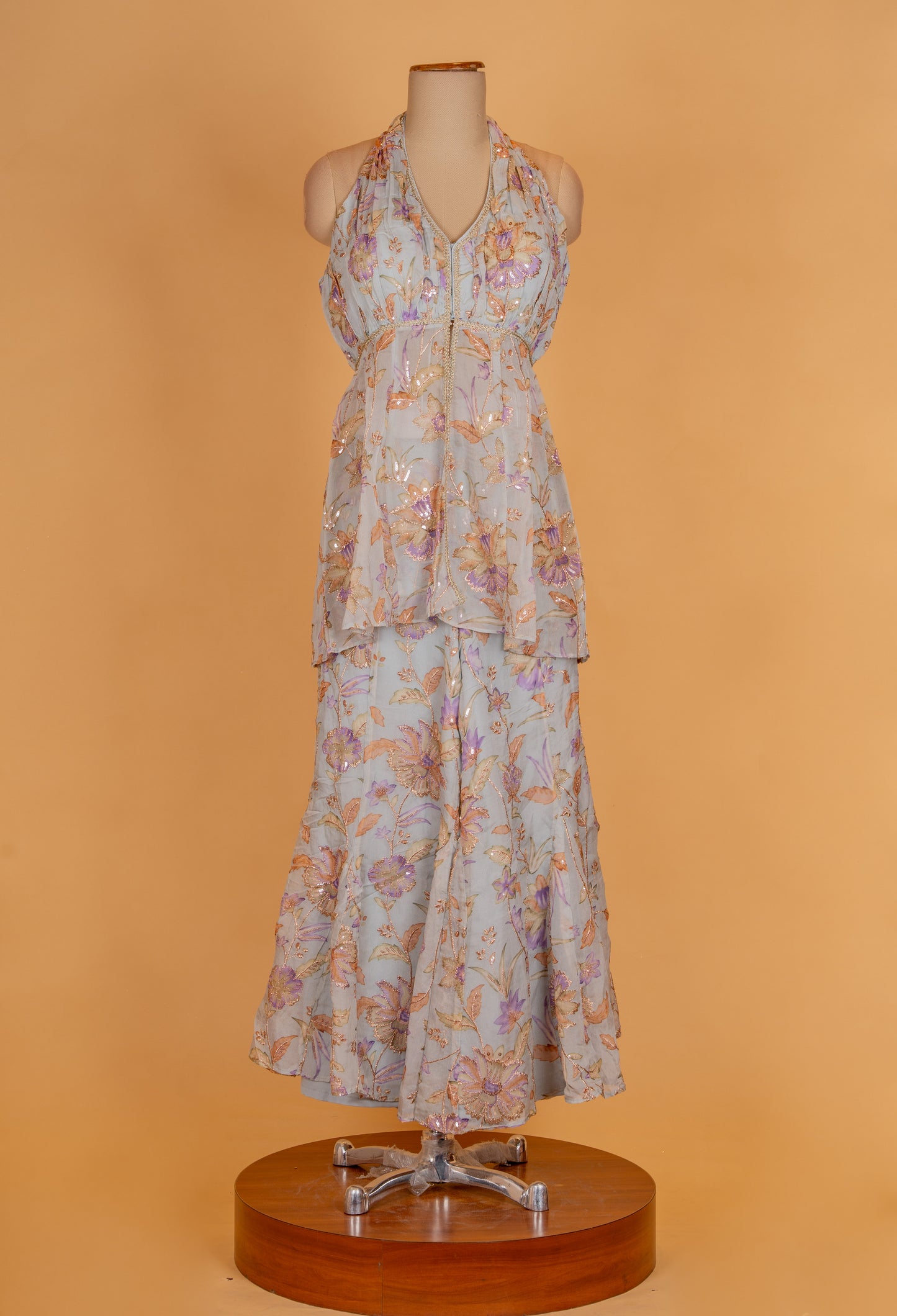 Pastel Blue Floral Printed Co-ord Set with Halter Neck Top & Flared Pants