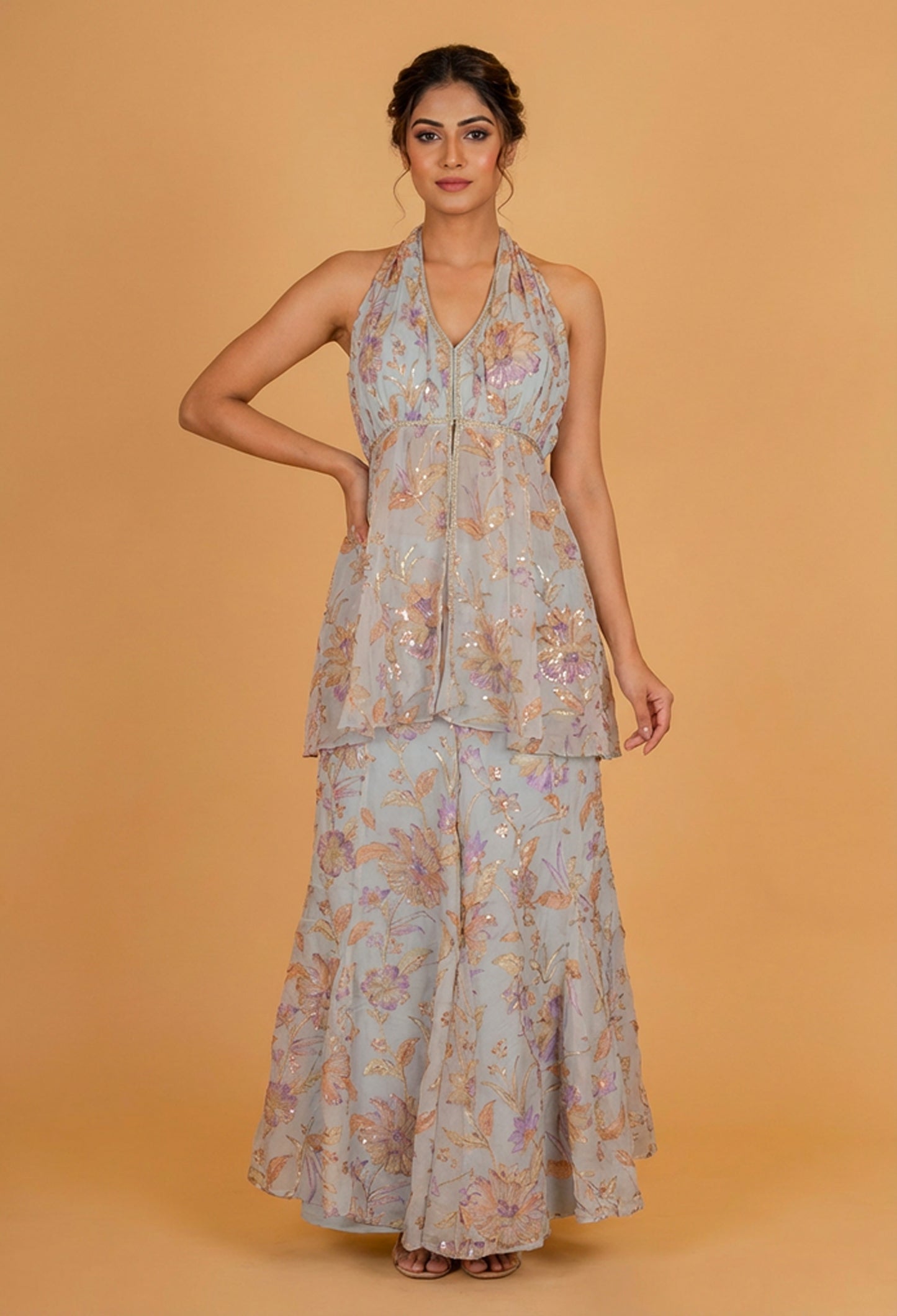 Pastel Blue Floral Printed Co-ord Set with Halter Neck Top & Flared Pants