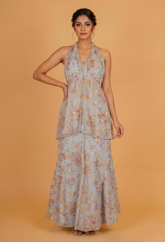 Pastel Blue Floral Printed Co-ord Set with Halter Neck Top & Flared Pants