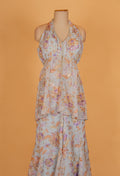 Pastel Blue Floral Printed Co-ord Set with Halter Neck Top & Flared Pants