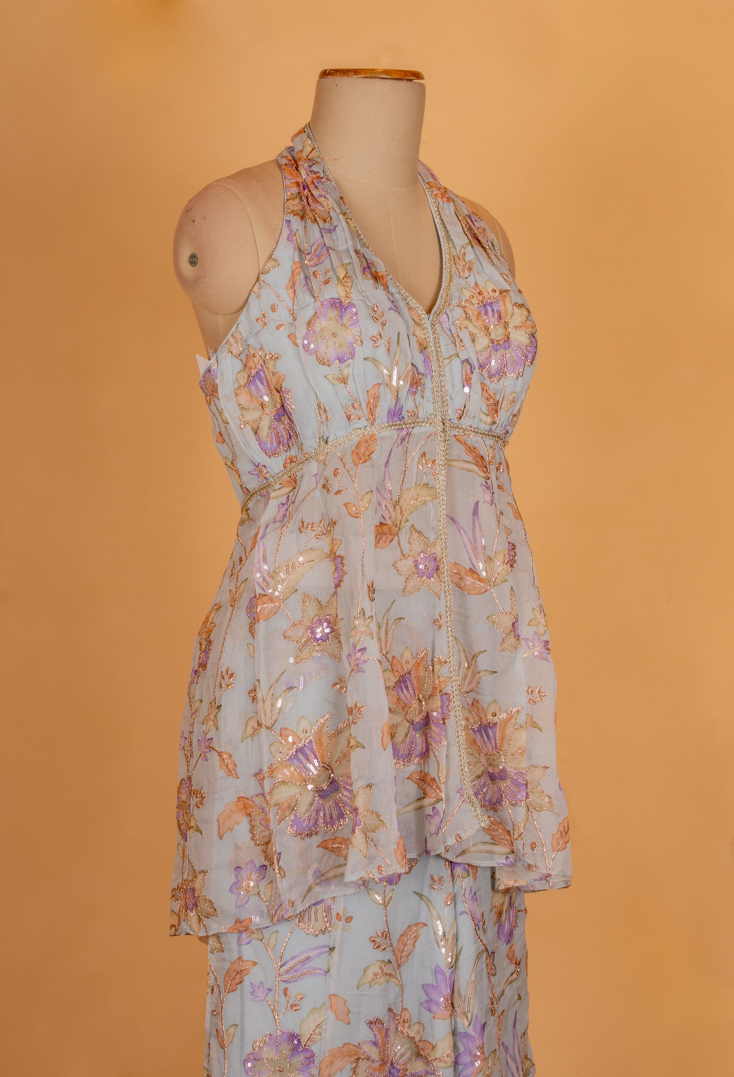 Pastel Blue Floral Printed Co-ord Set with Halter Neck Top & Flared Pants