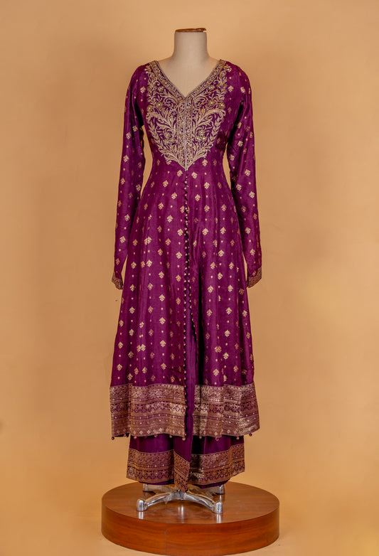 Royal purple Anarkali suit with embroidered bodice, dupatta and palazzo
