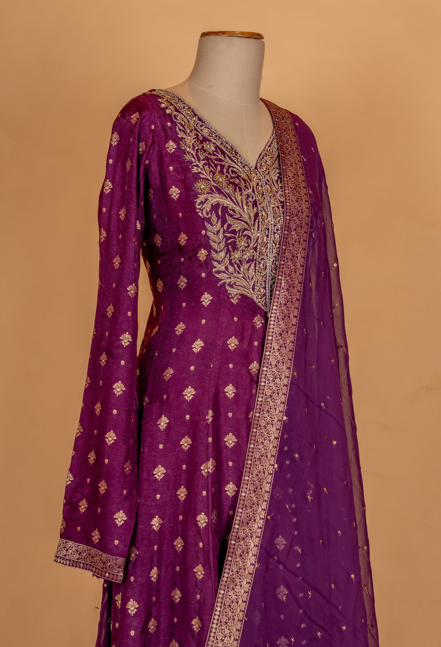 "Royal Purple Embroidered Anarkali Suit Set with Dupatta & Palazzo "