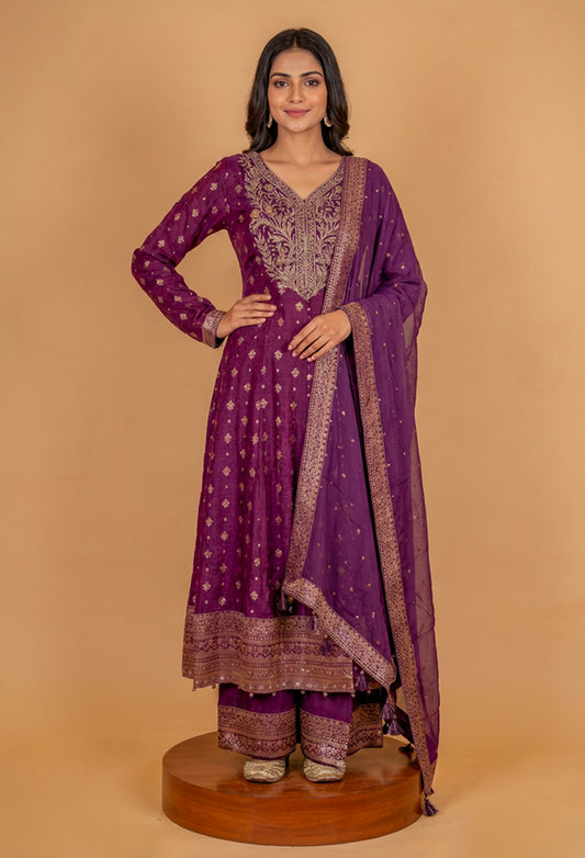 "Royal Purple Embroidered Anarkali Suit Set with Dupatta & Palazzo "