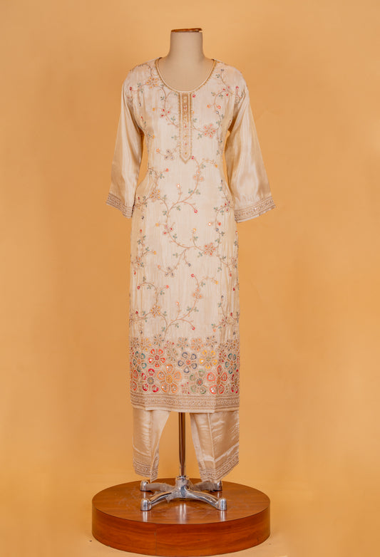 Beige embroidered silk straight suit set - view 2