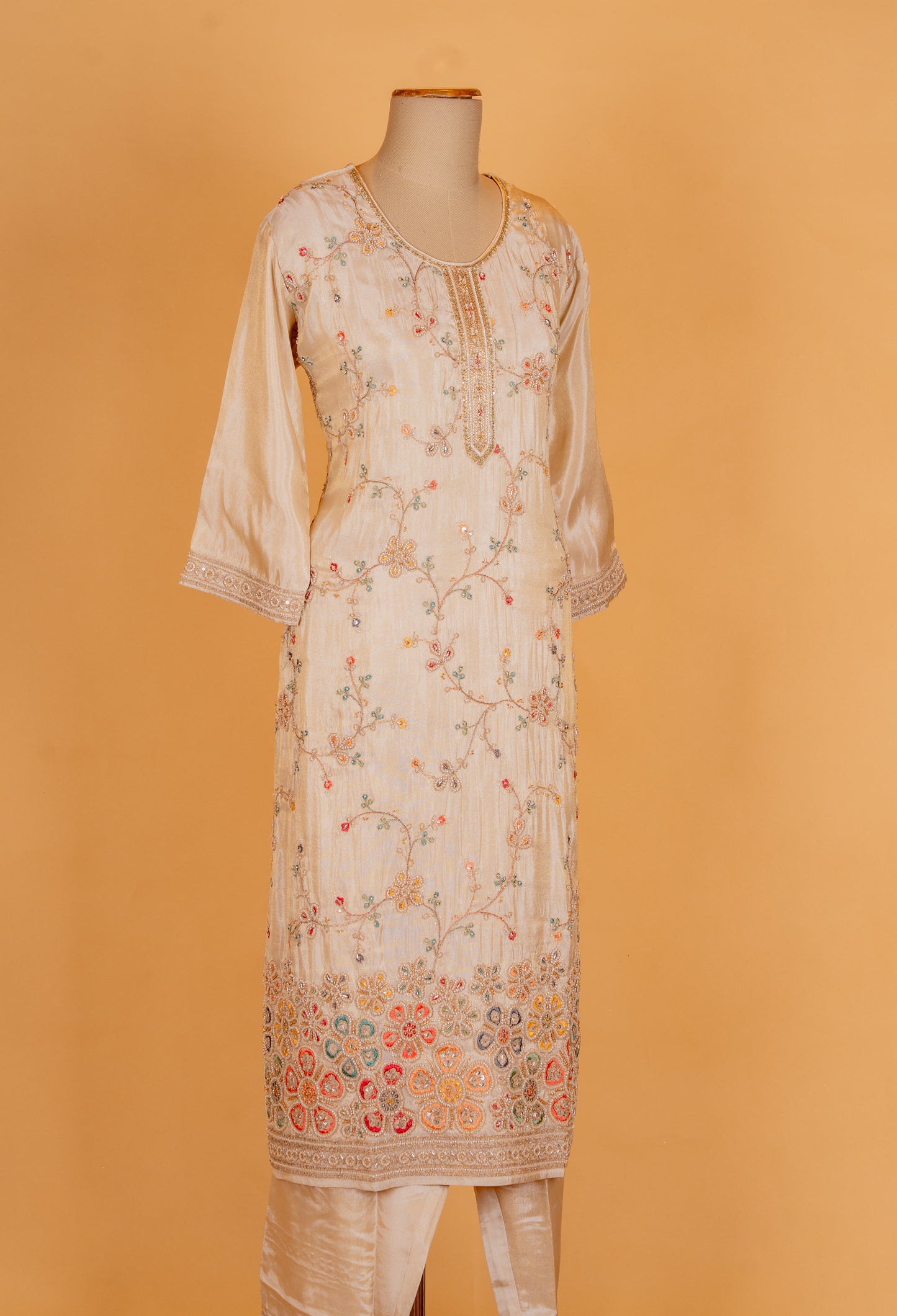 Beige Embroidered Silk Straight Suit Set with Churidar & Dupatta