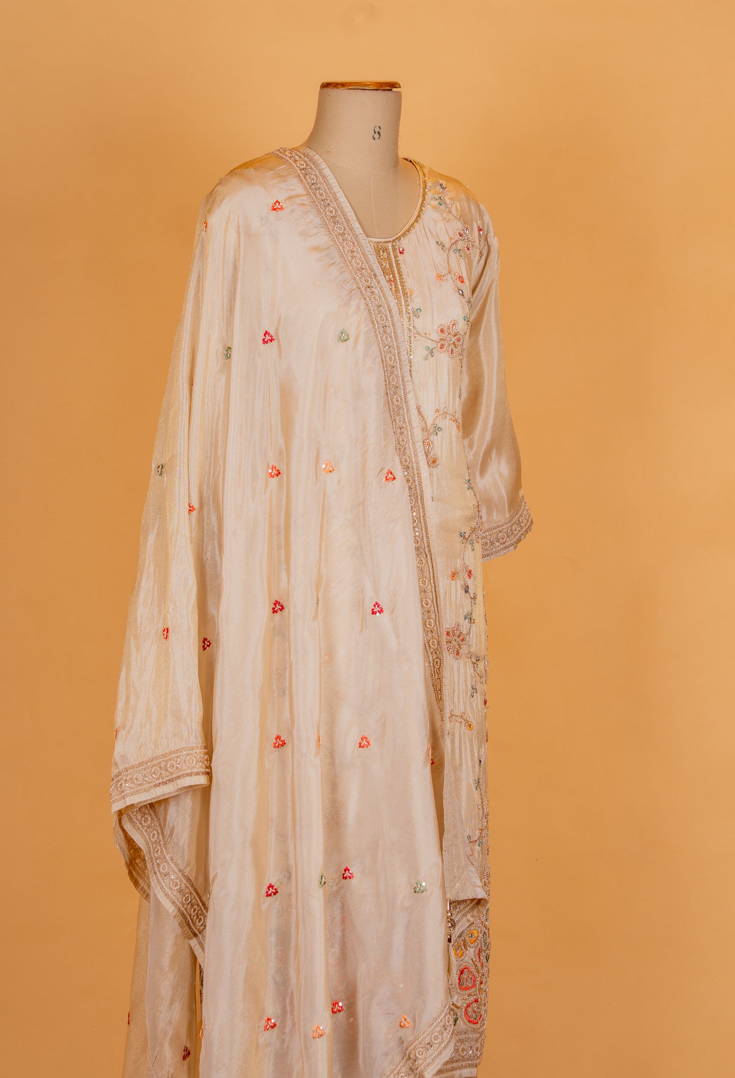 Beige Embroidered Silk Straight Suit Set with Churidar & Dupatta