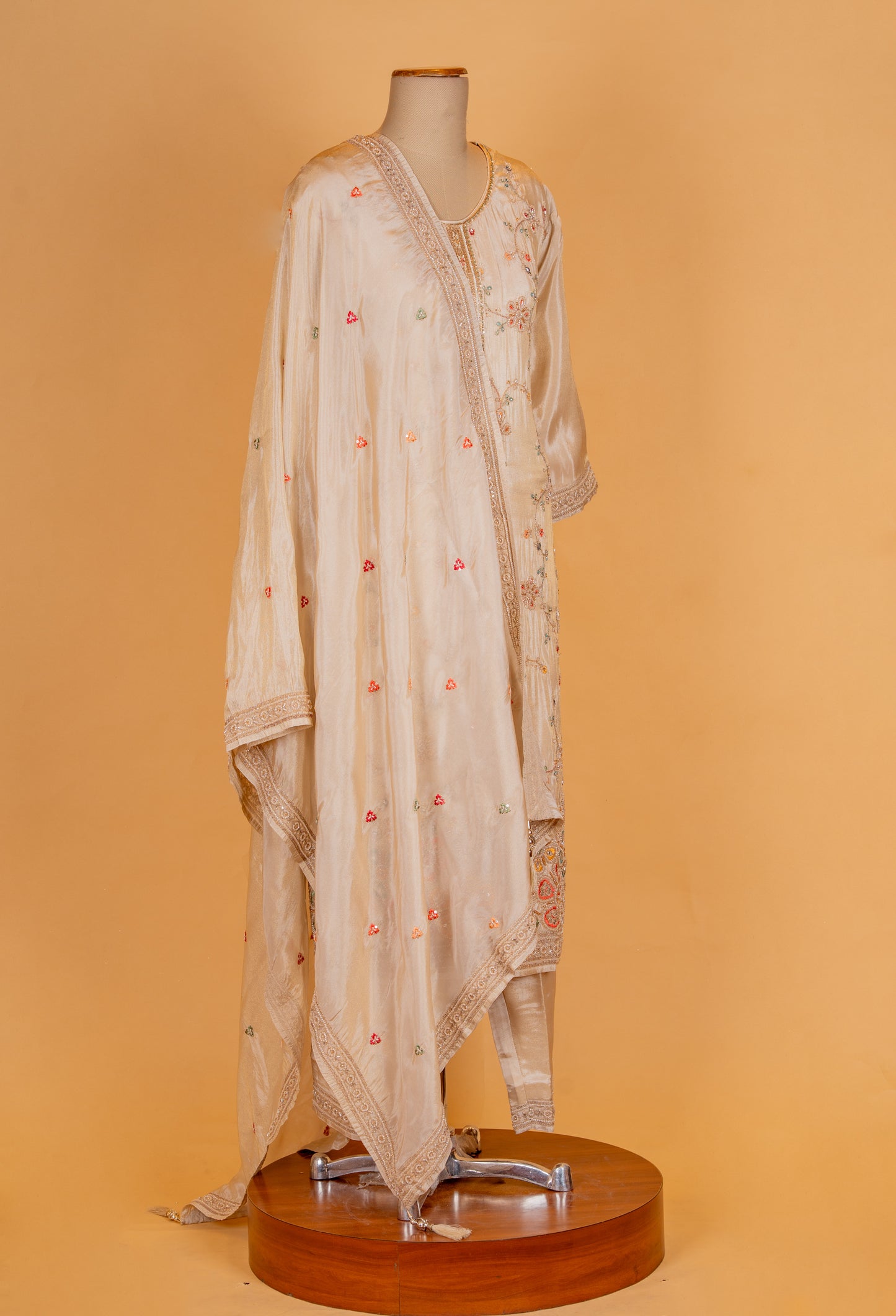 Beige Embroidered Silk Straight Suit Set with Churidar & Dupatta