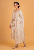 Beige Embroidered Silk Straight Suit Set with Churidar & Dupatta