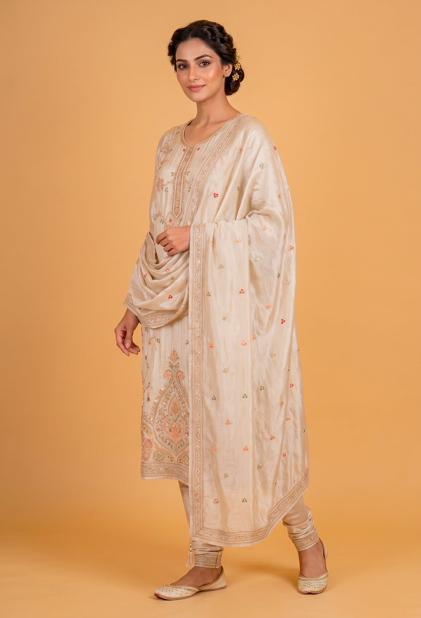 Beige Embroidered Silk Straight Suit Set with Churidar & Dupatta