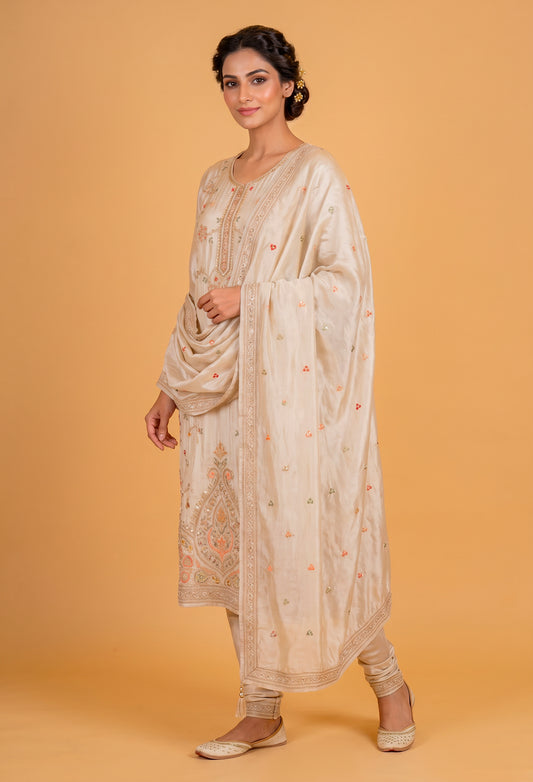 Beige Embroidered Silk Straight Suit Set with Churidar & Dupatta