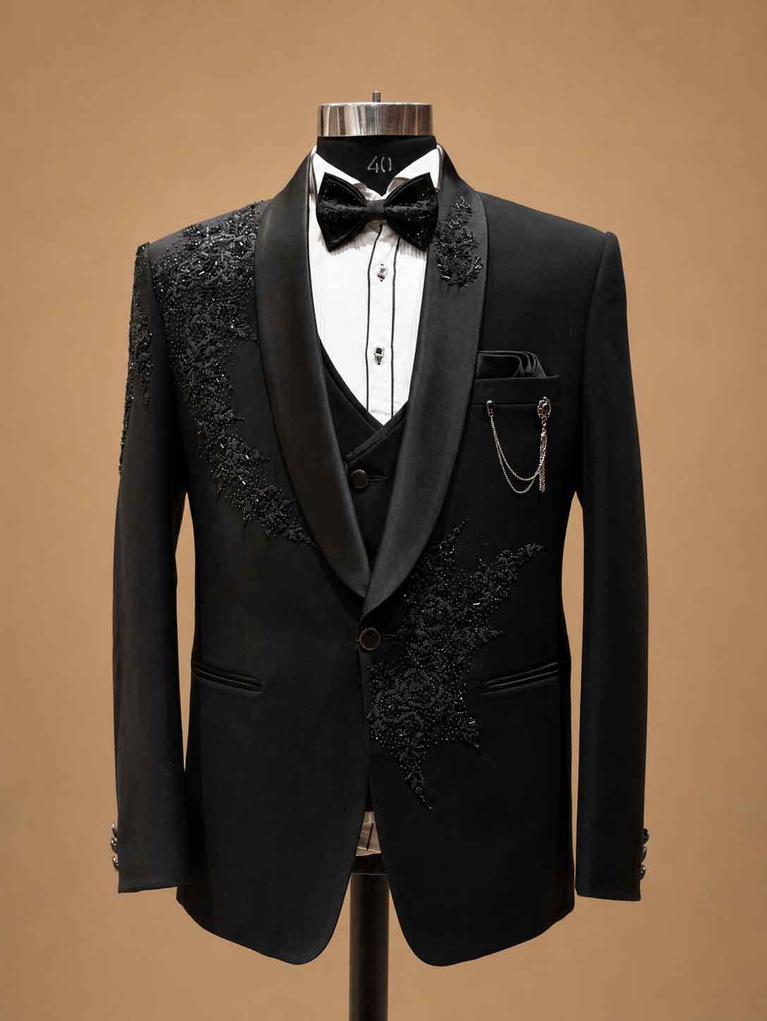 Luxury Black Embroidered Tuxedo Suit for Men with Satin Shawl Lapel | Premium Wedding & Reception Formal Wear