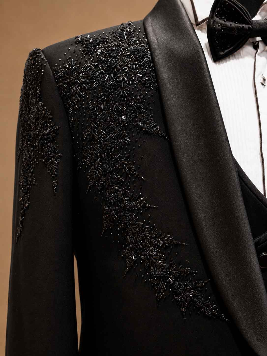 Luxury Black Embroidered Tuxedo Suit for Men with Satin Shawl Lapel | Premium Wedding & Reception Formal Wear