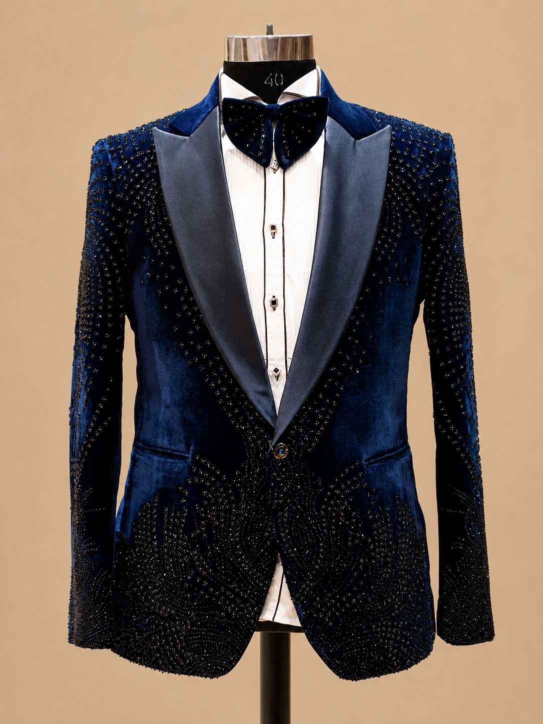 Luxury Midnight Blue Velvet Embellished Tuxedo Suit for Men with Satin Peak Lapel | Premium Wedding, Reception & Black-Tie Formal Wear