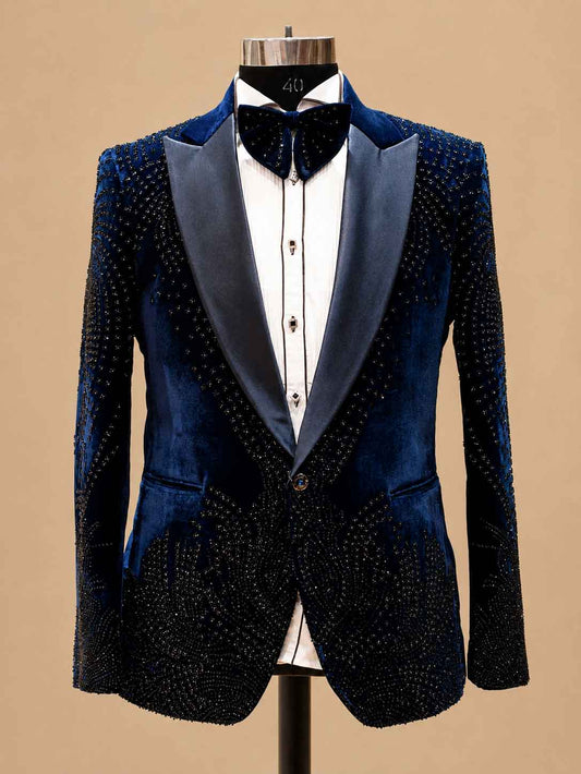 Men's midnight blue velvet embellished tuxedo suit - view 2