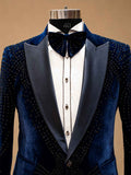 Luxury Midnight Blue Velvet Embellished Tuxedo Suit for Men with Satin Peak Lapel | Premium Wedding, Reception & Black-Tie Formal Wear