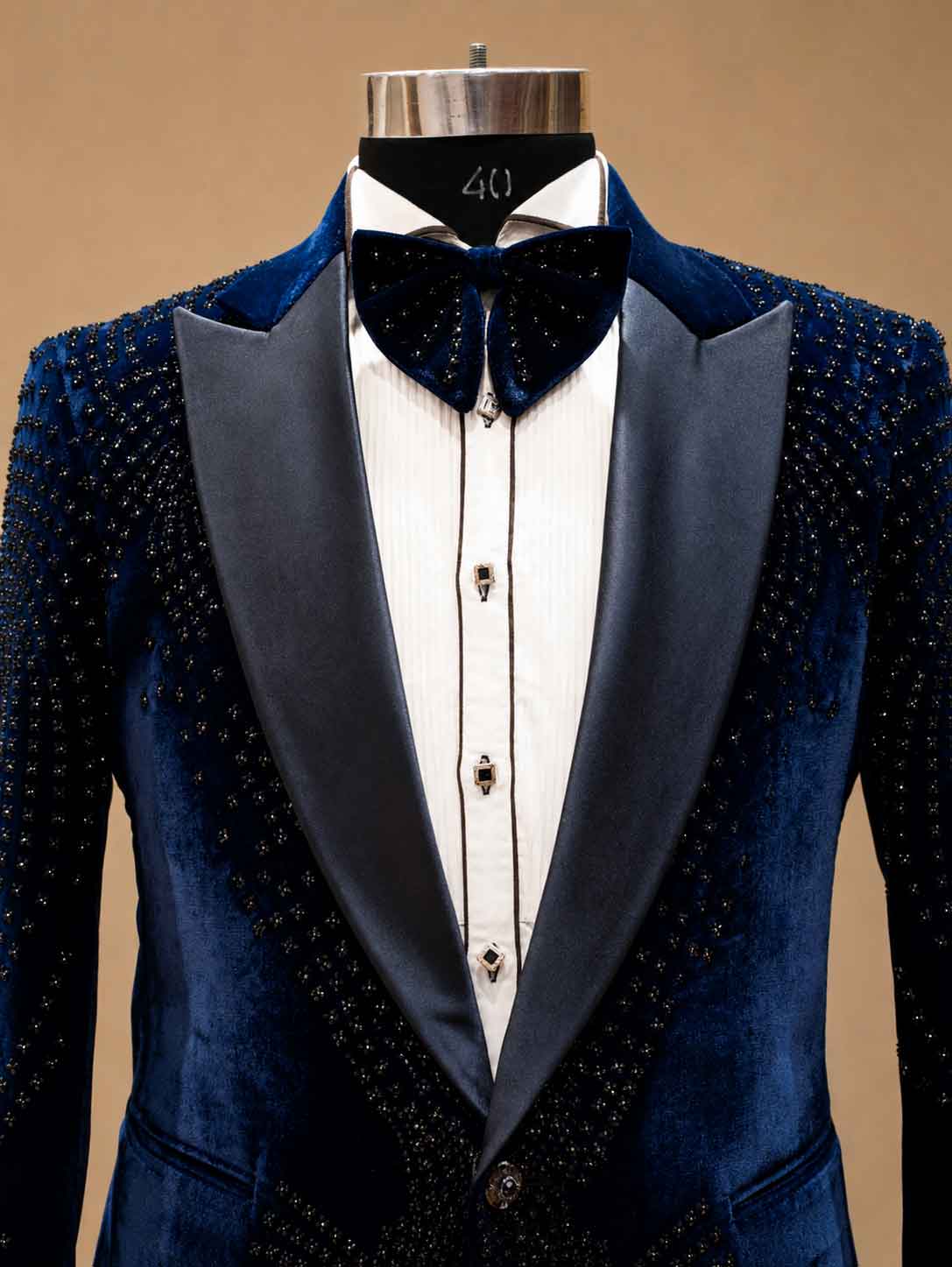 Luxury Midnight Blue Velvet Embellished Tuxedo Suit for Men with Satin Peak Lapel | Premium Wedding, Reception & Black-Tie Formal Wear