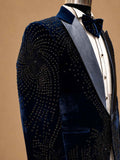 Luxury Midnight Blue Velvet Embellished Tuxedo Suit for Men with Satin Peak Lapel | Premium Wedding, Reception & Black-Tie Formal Wear