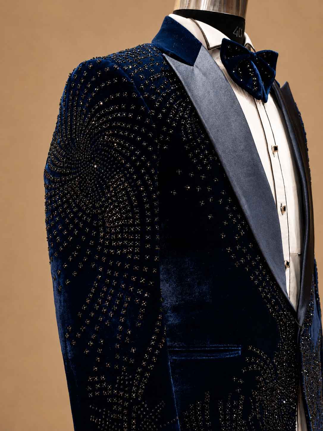 Luxury Midnight Blue Velvet Embellished Tuxedo Suit for Men with Satin Peak Lapel | Premium Wedding, Reception & Black-Tie Formal Wear