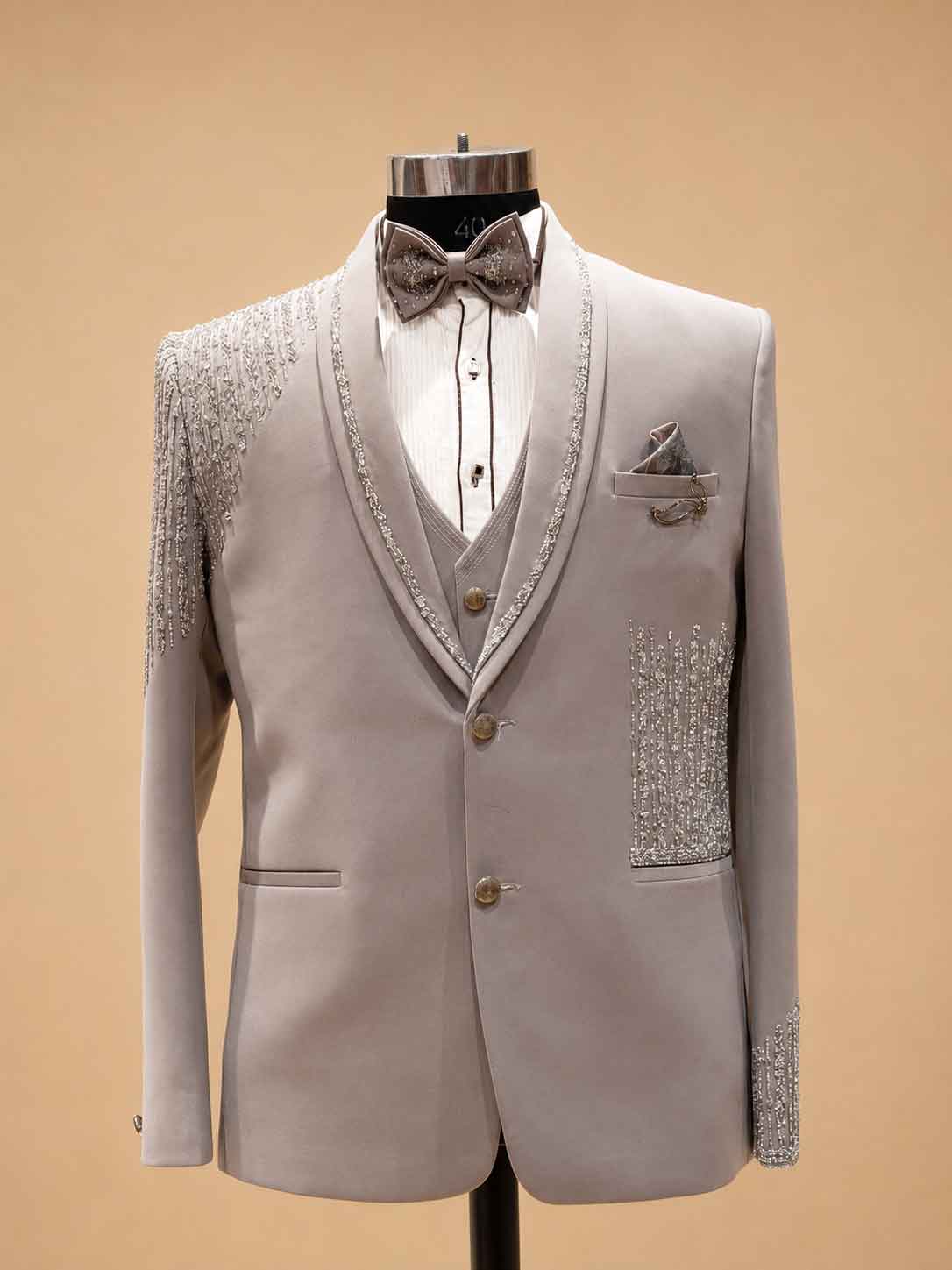 Luxury Ivory Embellished Three-Piece Suit for Men with Embroidered Shawl Lapel | Premium Wedding, Reception & Groom Formal Wear
